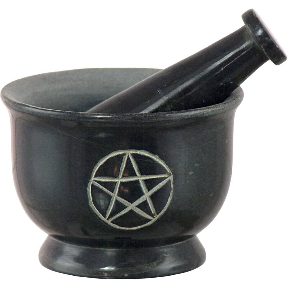 Soapstone Mortar & Pestle Pentacle Black