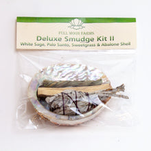 Load image into Gallery viewer, Deluxe Smudge Kit II: White Sage, Palo Santo, Sweetgrass &amp; Abalone Shell
