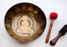 Load image into Gallery viewer, Shakyamuni Buddha and Eight Auspicious Symbol Carved Tibetan Singing Bowl
