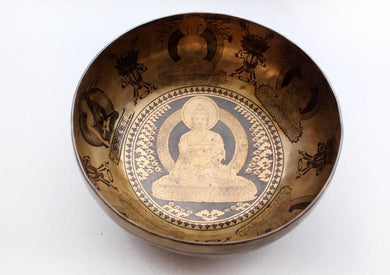 Shakyamuni Buddha and Eight Auspicious Symbol Carved Tibetan Singing Bowl